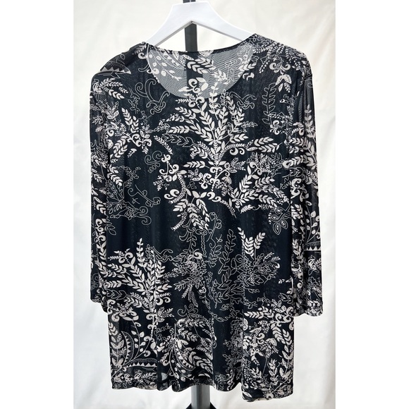 CJ Banks Black Multicolor Embellished 3/4 Sleeve Knit Printed Mesh Blouse - Picture 9 of 15